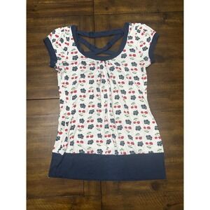 Y2K Fleurish Womens XL Cherry Floral Print Crisscross Back Knit Top Blue White